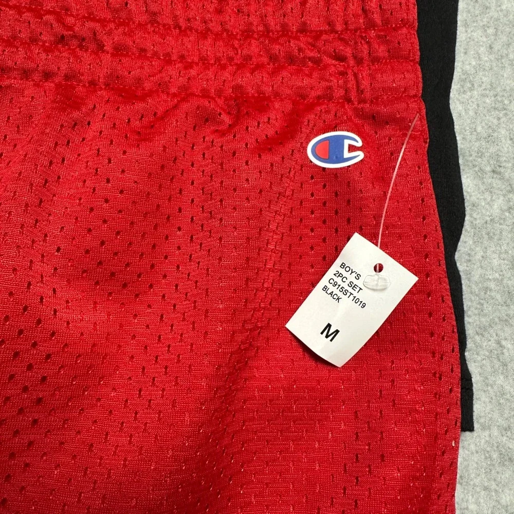 Champion Boys 2PC Set Black Red Script Logo Tee Mesh Shorts Size M 10 C915ST1019